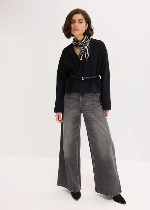 Oversized blazer i ullstil med belte, uf&ocirc;ret, bonprix