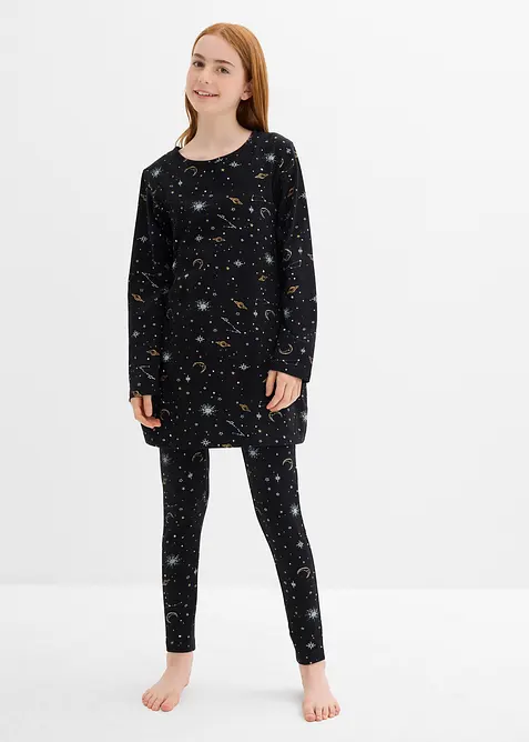 Lang topp og leggings med myk, &oslash;kologisk bomull og glittertrykk (4-delt sett), bonprix