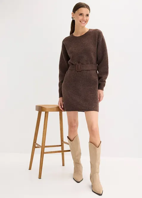 Kort strikkekjole med myk ullandel og belte, bonprix