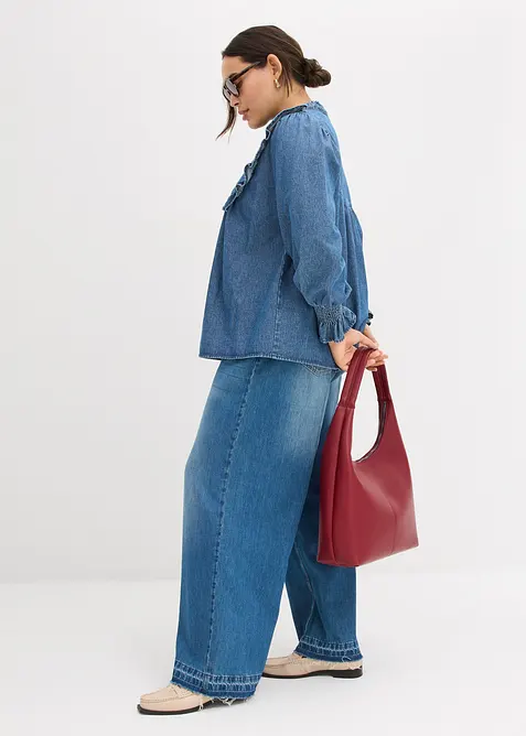 Denimbluse med rysjer, bonprix