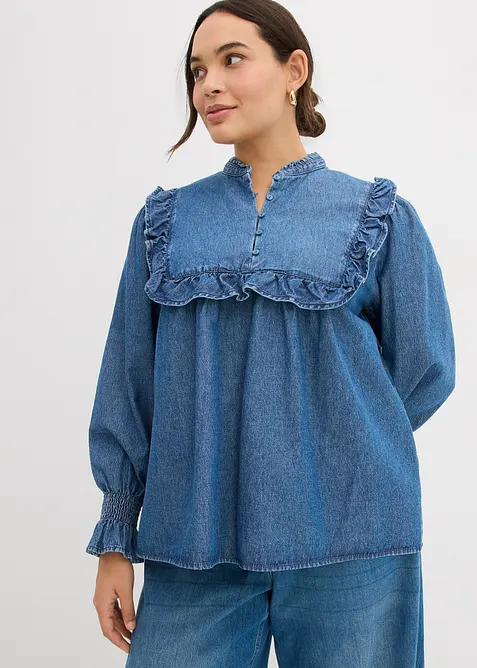 Denimbluse med rysjer, bonprix