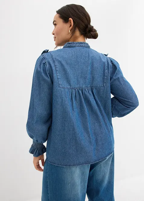 Denimbluse med rysjer, bonprix