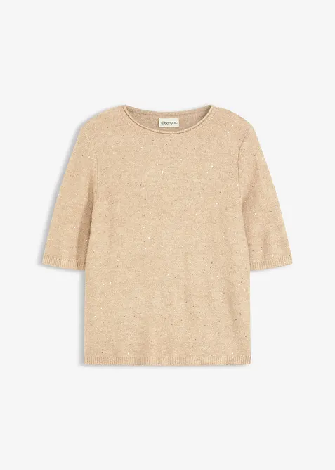 Genser med halvlange ermer, paljetter og glansgarn, bonprix