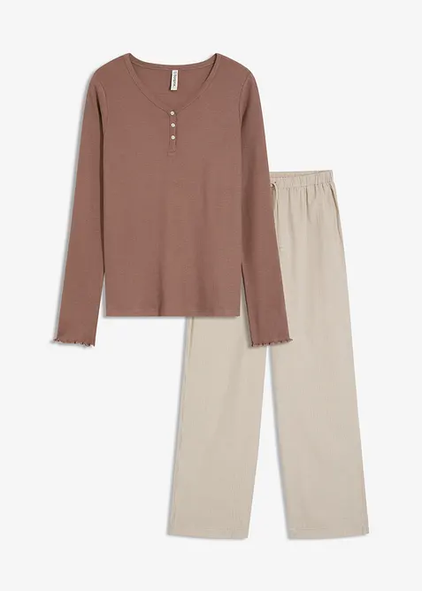 Loungewear-ribbetopp og vevd bukse, bonprix