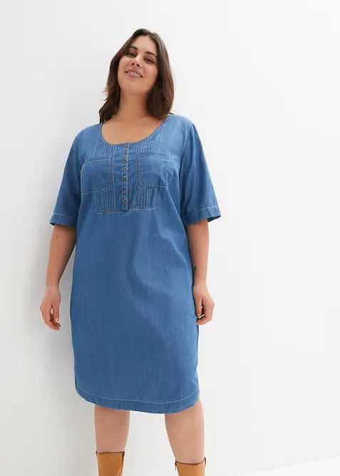 Knelang jeans-kjole i bomull, kort arm, bonprix