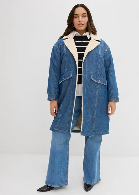 Denim-vinterkåpe, varmt fôret med teddy, bonprix