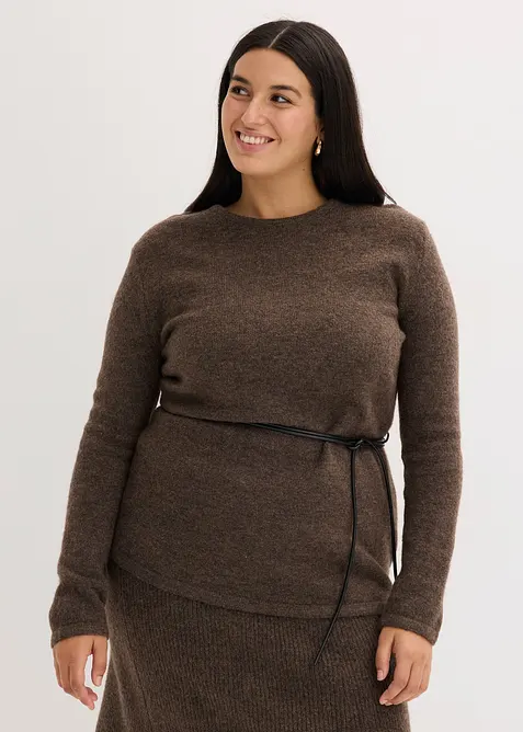 Strikket topp med ull og knytebånd i imitert skinn, bonprix