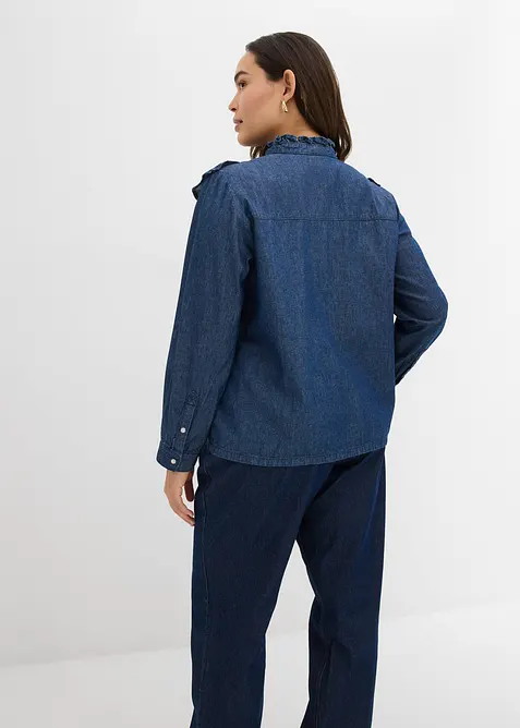 Denimbluse i 100% bomull med volanger, bonprix