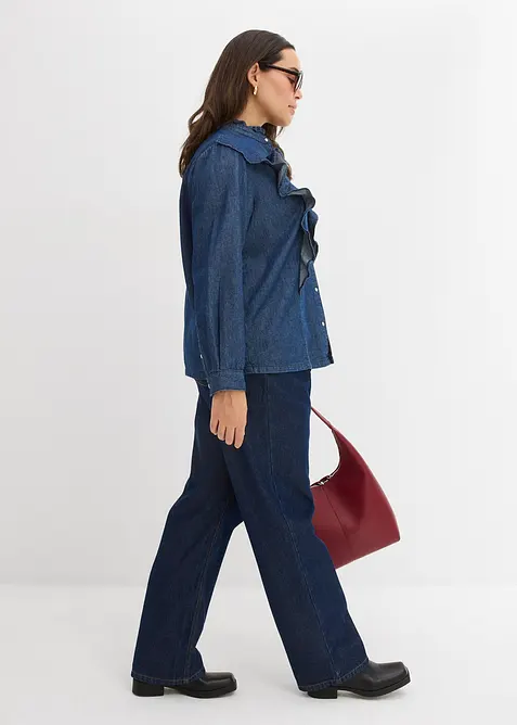Denimbluse i 100% bomull med volanger, bonprix