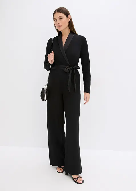 Jumpsuit i strukturert krepp med innfelling i sateng, bonprix