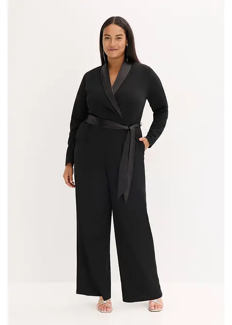 Jumpsuit i strukturert krepp med innfelling i sateng, bonprix