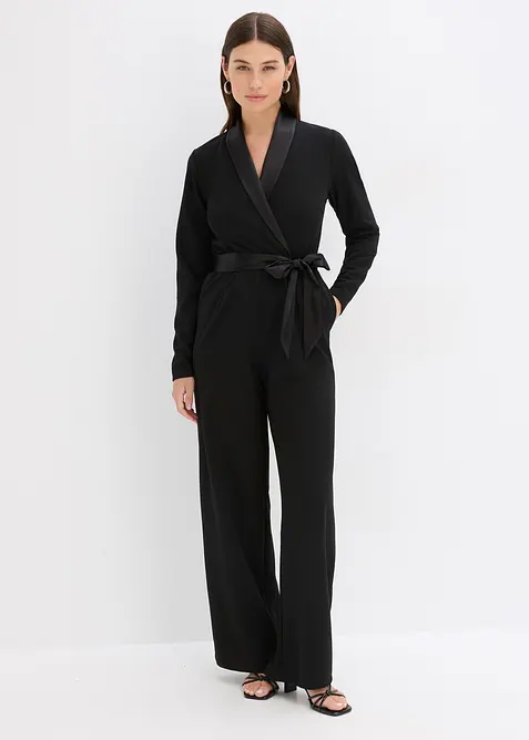 Jumpsuit i strukturert krepp med innfelling i sateng, bonprix
