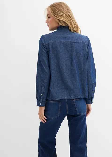 Denimbluse i 100% bomull med volanger, bonprix