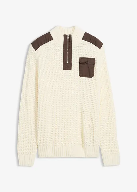 Grovstrikket troyer-genser med vevd besetning, bonprix