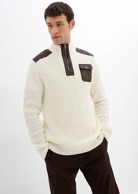 Grovstrikket troyer-genser med vevd besetning, bonprix