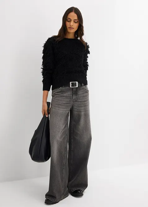 Grovstrikket genser med frynser, bonprix