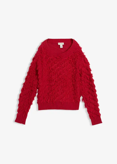 Grovstrikket genser med frynser, bonprix