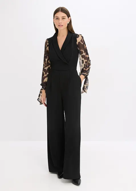 Jersey jumpsuit med ermer i mesh, bonprix