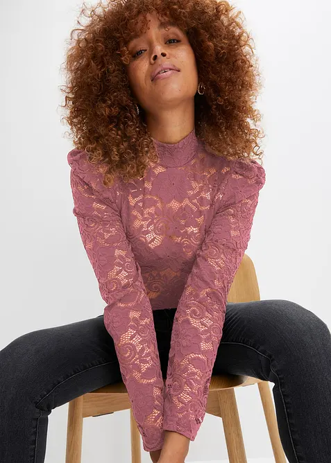 Figurnær, langermet topp med blonder, bonprix