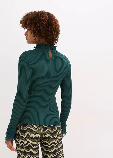 Finstrikket topp med volanger i chiffon, bonprix