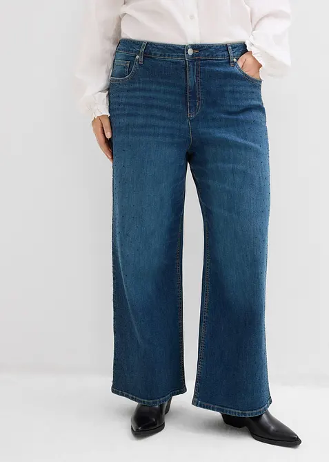 Wide Leg-jeans Mid Waist med glitterstener, bonprix