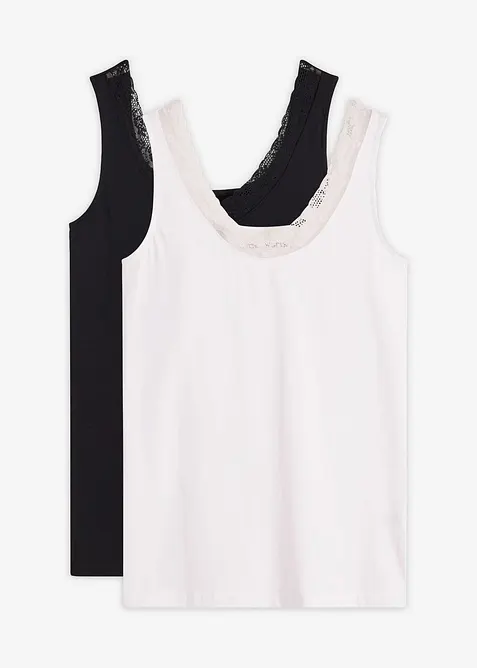 Singlet med økologisk bomull og blonder (2-pack), bonprix