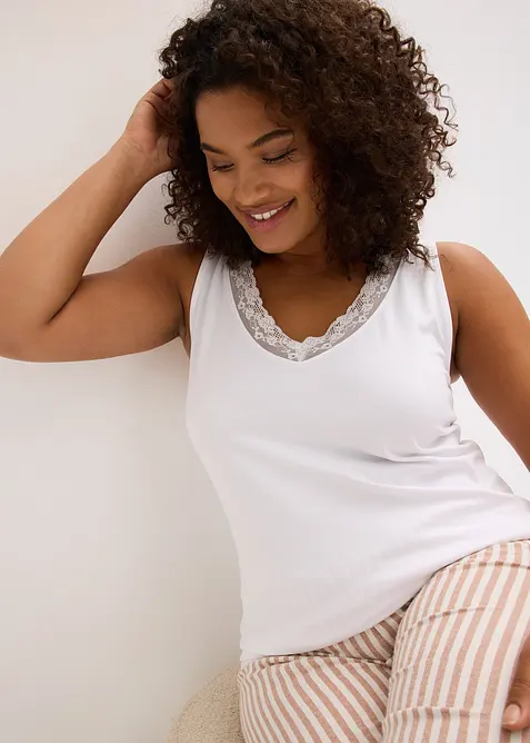 Singlet med økologisk bomull og blonder (2-pack), bonprix