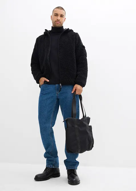 Hettejakke i pilefleece med vevd besetning, bonprix