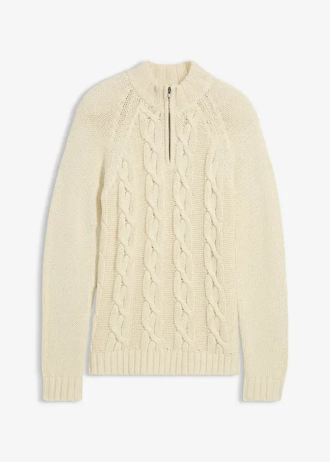Grovstrikket troyer-genser med flettemønster av myk bomullsmiks, bonprix