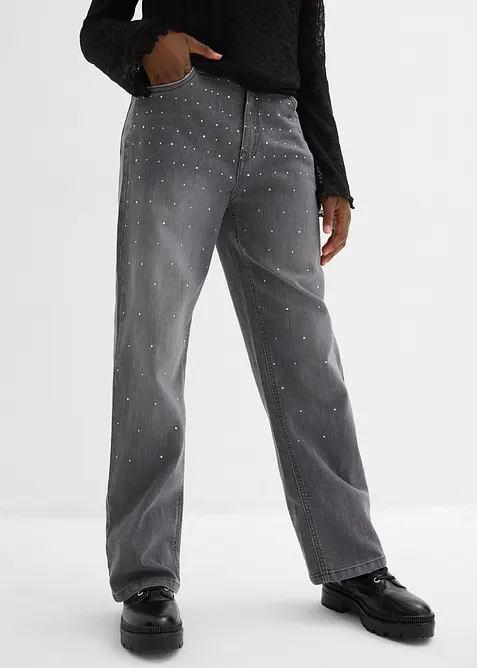 Wide Leg-jeans med strass Mid Waist, bonprix