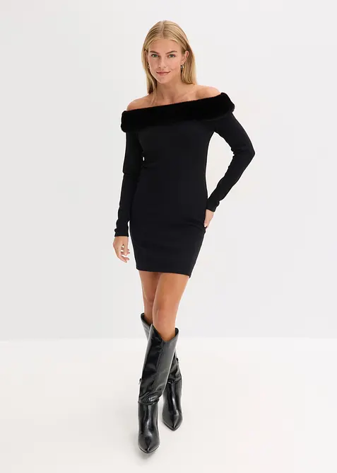 Strikketkjole med fuskepels-besetning, bonprix