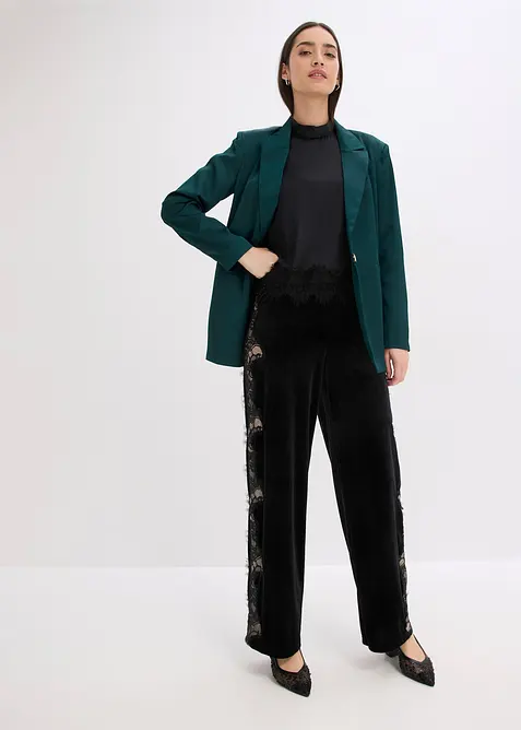 Vid bukse i myk fl&oslash;yel med blondeinnfelling, bonprix