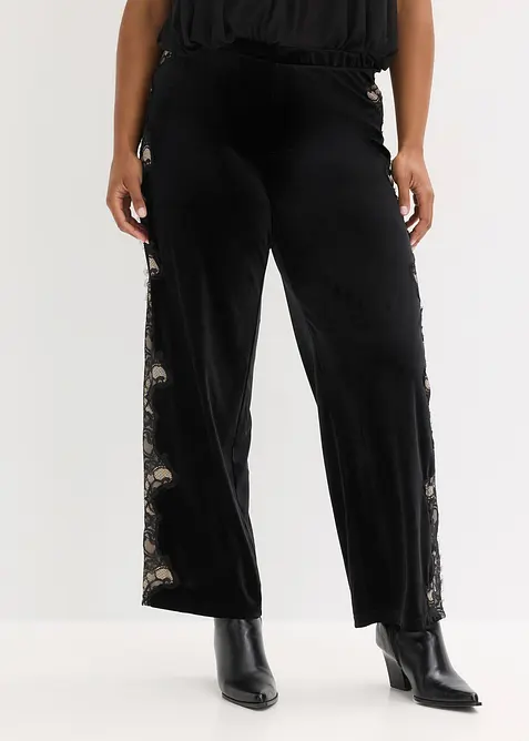 Vid bukse i myk fl&oslash;yel med blondeinnfelling, bonprix