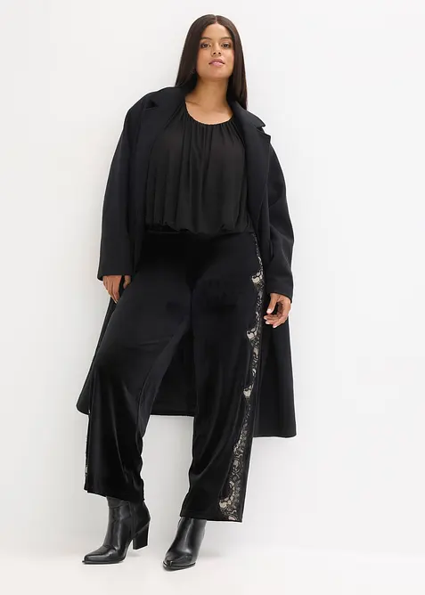 Vid bukse i myk fl&oslash;yel med blondeinnfelling, bonprix