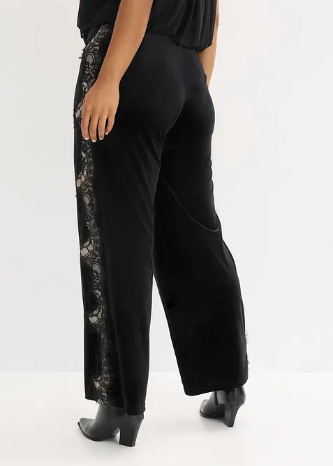 Vid bukse i myk fl&oslash;yel med blondeinnfelling, bonprix