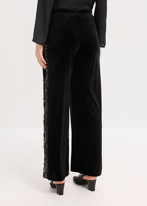 Vid bukse i myk fl&oslash;yel med blondeinnfelling, bonprix