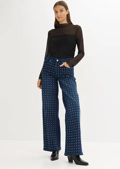 Wide-Leg-Jeans Mid Waist med strassapplikasjon, bonprix