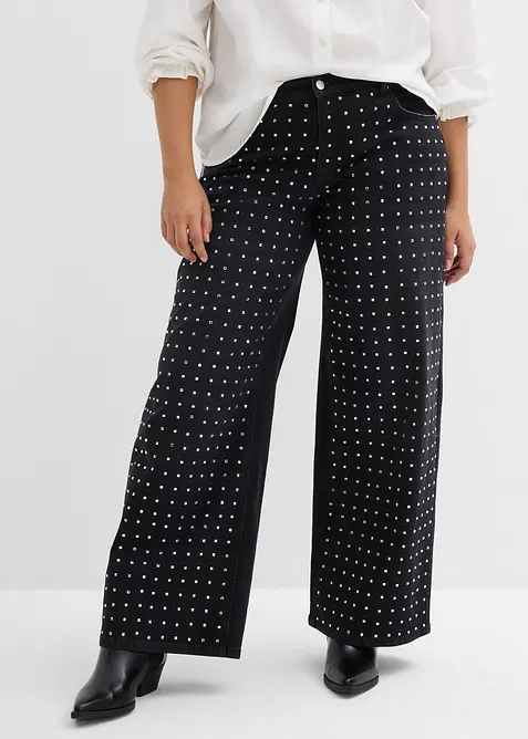 Wide-Leg-Jeans Mid Waist med strassapplikasjon, bonprix