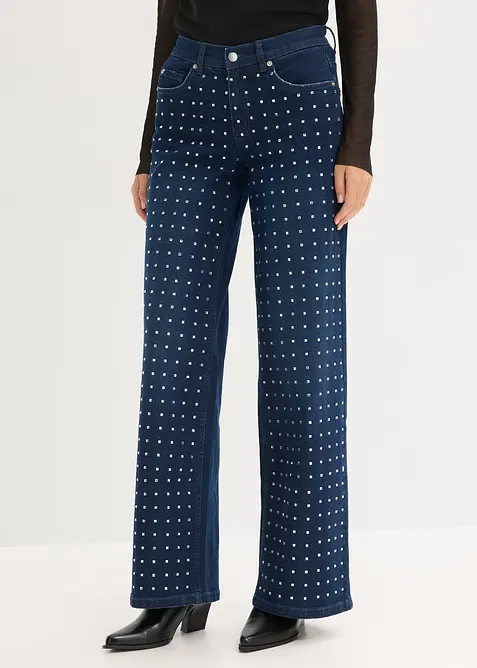 Wide-Leg-Jeans Mid Waist med strassapplikasjon, bonprix