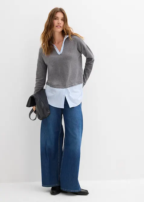 Genser i finstrikk med bluse-innfelling, bonprix