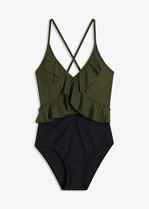 Badedrakt med cut out og volanger, bonprix