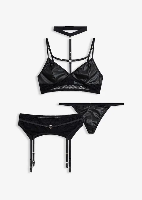 Bralette + stringtruse + stroppeholder i wetlook (3-delt sett), bonprix