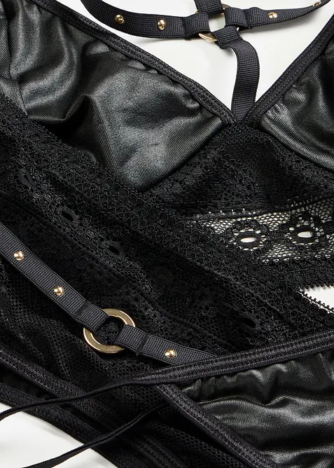 Bralette + stringtruse + stroppeholder i wetlook (3-delt sett), bonprix