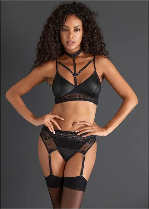 Bralette + stringtruse + stroppeholder i wetlook (3-delt sett), bonprix