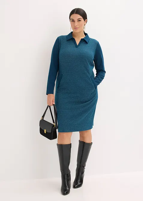 Kjole i jacquardvevd materiale med krage i kontrast, bonprix