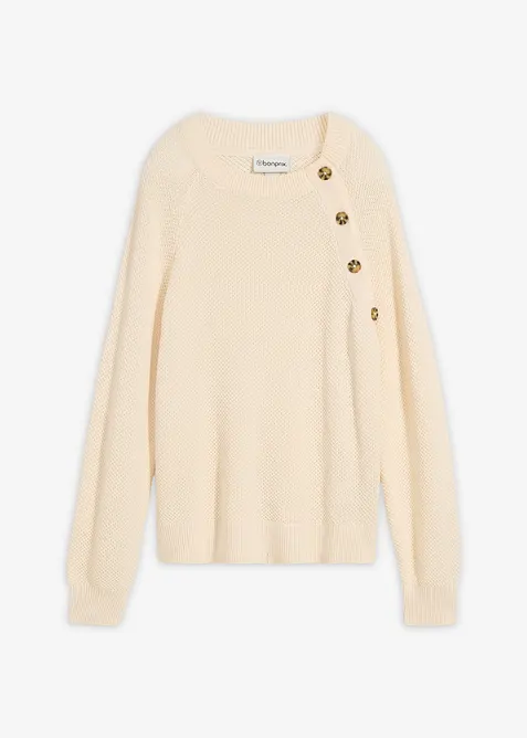 Grovstrikket genser med knappestolpe, bonprix