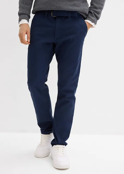 Regular fit-chinos med stretch, elastisk linning og belte, Straight, bonprix