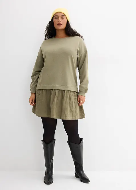 Sweatshirtkjole med vevd skj&oslash;rt, bonprix