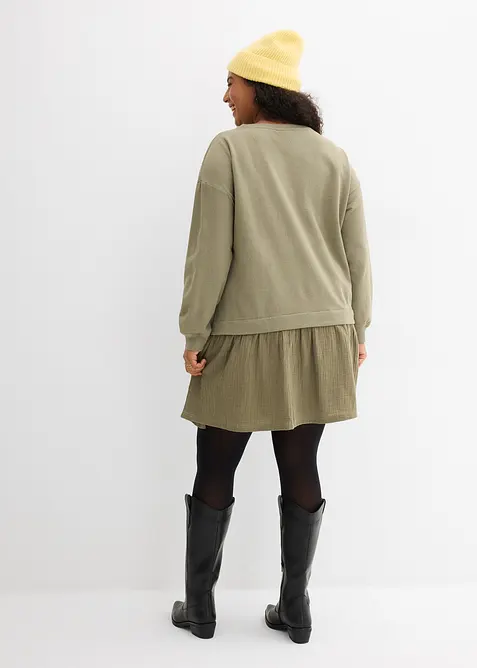 Sweatshirtkjole med vevd skj&oslash;rt, bonprix