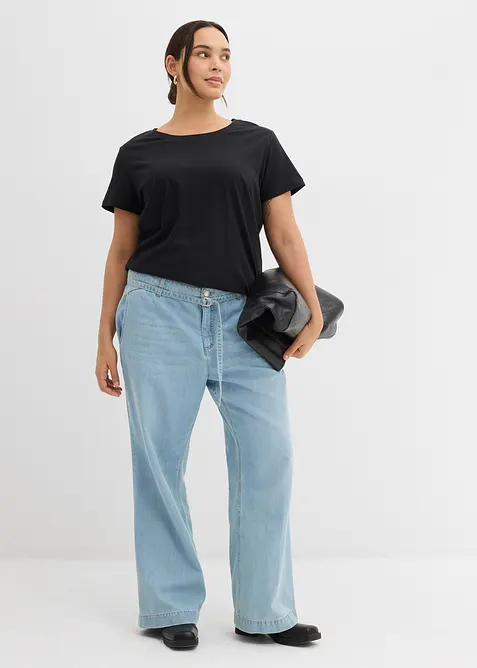 Wide Leg-jeans Mid Waist med belte, bonprix